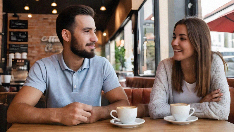 Mann und Frau sitzen lächelnd im Café beim Date