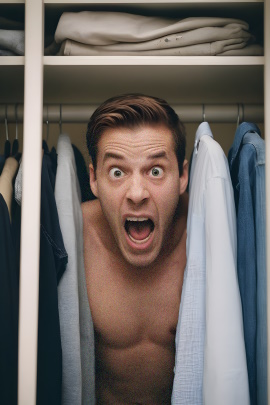 Mann blickt schreiend aus dem Kleiderschrank heraus