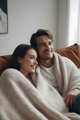 Paar kuschelt unter Wolldecke zu Hause auf dem Sofa