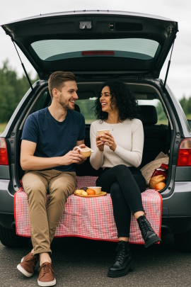 Mann und Frau machen Picknick am Kofferraum eines Autos