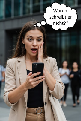 Frau in der Stadt schaut schockiert aufs Handy