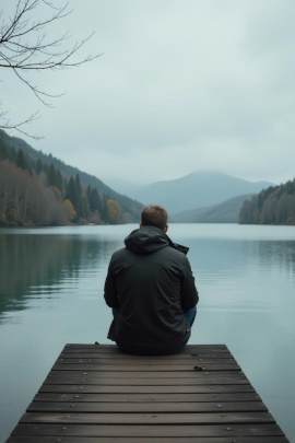 Einsamer Mann sitzt im Herbst nachdenklich auf dem Steg am See