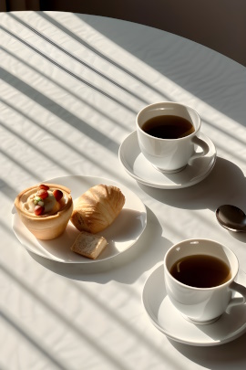 Frühstückstisch mit zwei Tassen Kaffee und Croissant