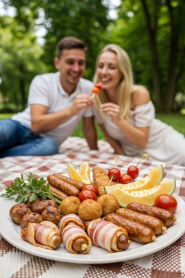 Paar sitzt im Park auf der Wiese und isst Fingerfood vom Teller