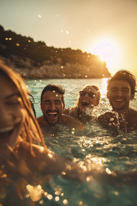 Freunde planschen im Wasser und haben Spaß