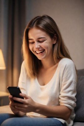 Frau sitzt abends zu Hause und schaut lachend aufs Smartphone