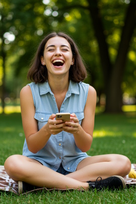 Frau mit Handy sitzt laut lachend auf einer Decke im Park