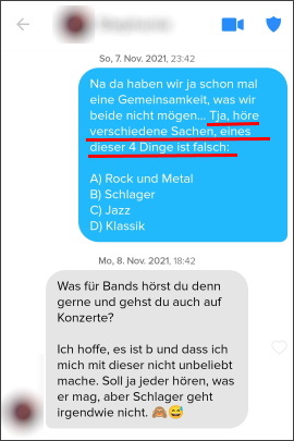 Quizfrage in Tinder-Nachricht mit vier Antwortmöglichkeiten