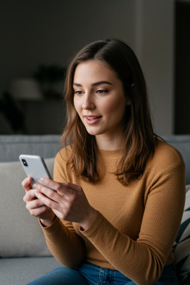 Frau auf dem Sofa schaut lächelnd aufs Handy