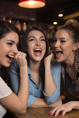Drei Frauen sitzen lachend in einer Kneipe
