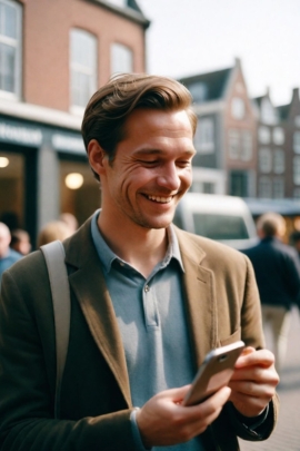 Mann schaut lächelt aufs Handy, weil er mit Ex schreibt