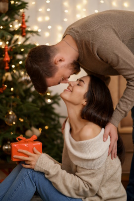 Mann gibt Frau ein Geschenk an Weihnachten zuhause