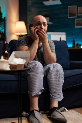 Depressiver Mann telefoniert zu Hause auf dem Sofa