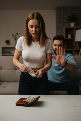 Mann reagiert verärgert auf Frau, die zu Hause Geld aus seinem Portemonnaie nimmt 