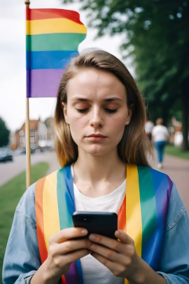 Frau mit Pride-Flag über den Schultern liest Nachricht am Handy