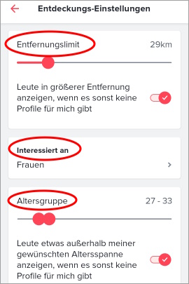 Sucheinstellungen bei Tinder für Alter und Entfernung