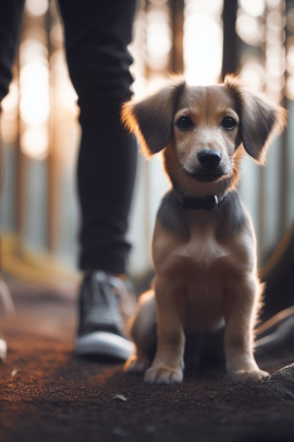 KI-generiertes Bild von einem Hund, mit Beinen des Mannes im Hintergrund