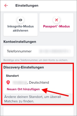 Einstellungen bei Tinder, um Reisepass-Feature zu aktivieren