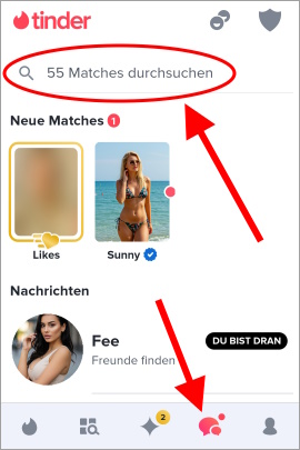 Funktion bei Tinder, um nach Namen von Matches zu suchen