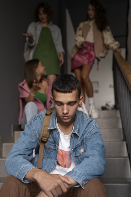 Trauriger Mann sitzt auf der Treppe mit Frauen im Hintergrund