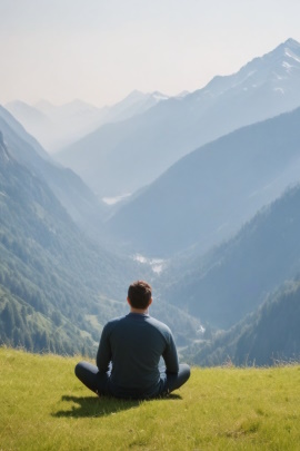 Mann sitzt auf dem Berg und meditiert