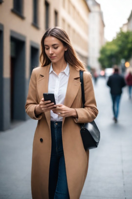 Frau läuft durch die Stadt und liest am Handy