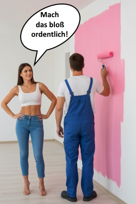 Kritische Frau beobachtet Freund beim Streichen des Wohnzimmers