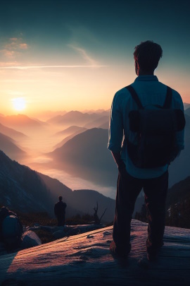 KI-generiertes Foto von einem Mann, der in der Abenddämmerung auf einem Berg steht