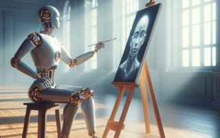 Roboter sitzt in einer Halle an einer Staffelei und malt ein Porträt