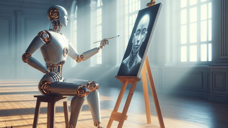 Roboter sitzt in einer Halle an einer Staffelei und malt ein Porträt