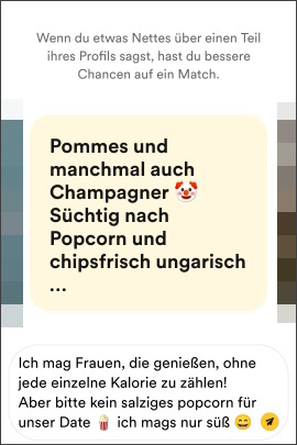 Mann macht lustiges Kompliment zum Profiltext der Frau in Bumble