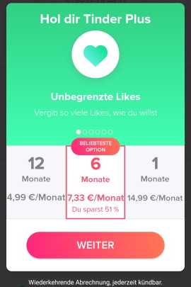 Übersicht der Kosten für Tinder Plus