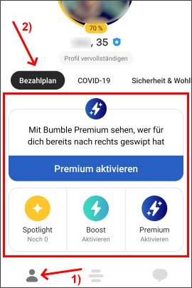 Menü in Bumble-App, um Abos zu kaufen