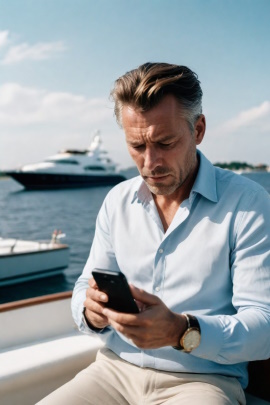 Reicher Mann sitzt auf seiner Yacht und schaut kritisch aufs Handy