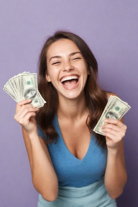 Lachende Frau hält Geldscheine in der Hand
