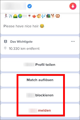 Bereich im Tinder-Profil, um Match aufzulösen