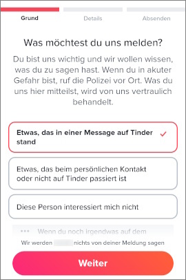 Formular in Tinder, um Nutzer an den Support zu melden