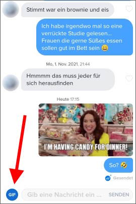 Chat in Tinder mit lustigem Meme als GIF