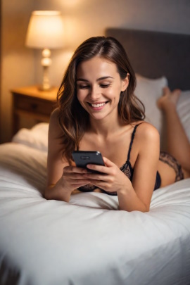 Frau in Dessous liegt abends auf dem Bett und schaut lächelnd aufs Handy