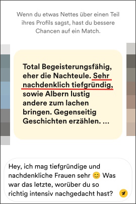 Kompliment in Bumble, das mit einer Frage kombiniert wird