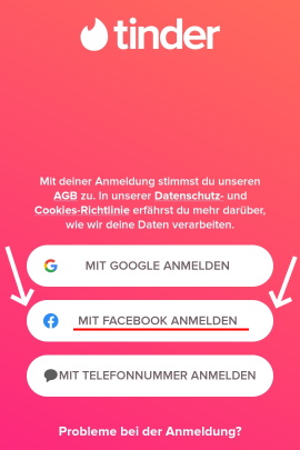 Startmenü zur Anmeldung in Tinder-App