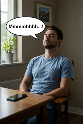 Mann sitzt entspannt zu Hause am Schreibtisch und summt vor sich hin