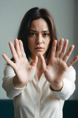 Frau zeigt mit ihren Händen eine Stopp-Geste
