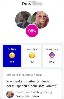 Menü mit Ansicht der Gemeinsamkeiten in OkCupid