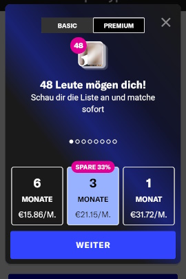 Übersicht der Kosten für ein Premium-Abo in OkCupid