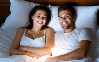 Mann und Frau liegen nachts fröhlich zusammen im Bett