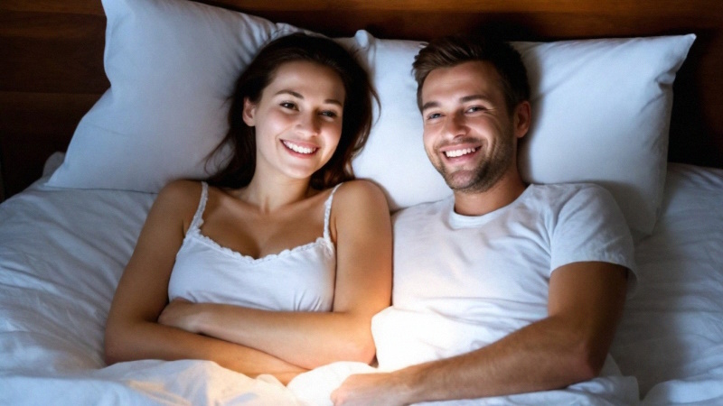 Mann und Frau liegen nachts fröhlich zusammen im Bett