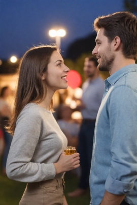 Mann und Frau flirten im Außenbereich einer Party