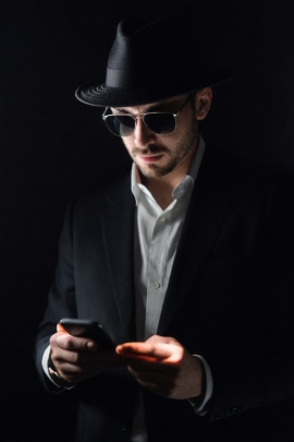 Mann mit Hut und Sonnenbrille schaut im Dunkeln aufs Handy