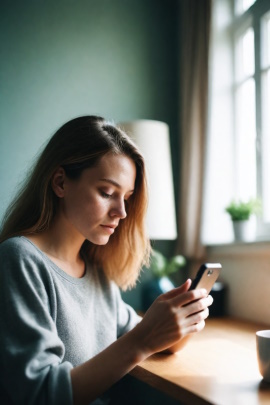 Frau sitzt zu Hause und blickt ernst aufs Smartphone